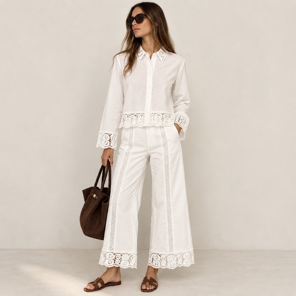 Zara White Cotton Lace Inset Wide Leg Cropped Pants XS 4786/043 Boho Summer